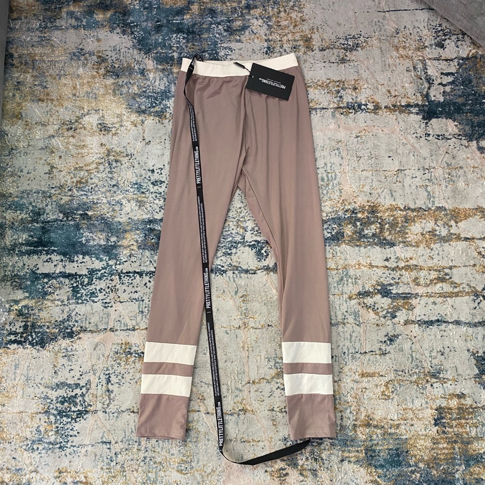 PRETTYLITTLETHING taupe white stripe leggings S(4)